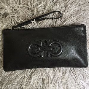 Salvatore Ferragamo Black Leather Wristlet Clutch